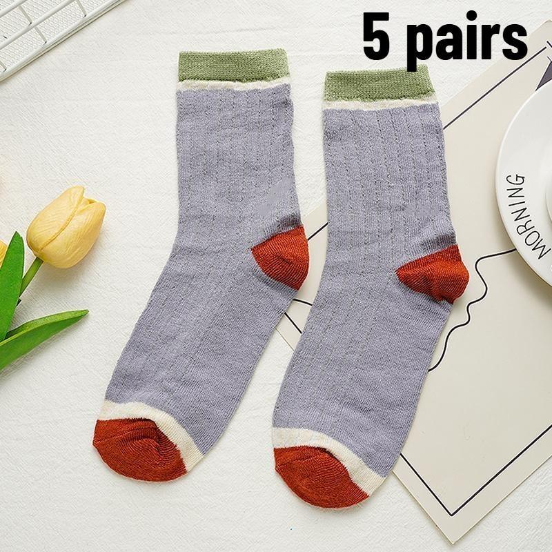 5 Pairs Women Candy Color Splicing Design Socks, Mid-tube Ribbed, Breathable, Sweat-absorbent, High Elastic