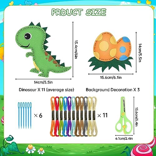 Kids Sewing Kit 14 Pieces Dinosaur Felt Craft Set, DIY Beginner Sewing Kit with Stuffing Yarn Scissors, Educational Creative Art Gift for Boys Girls