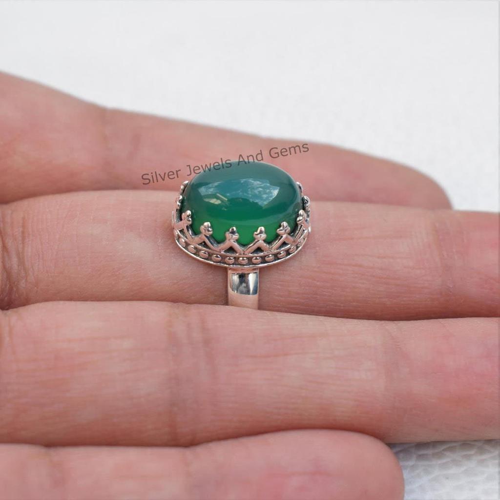 Green Onyx 925 Sterling Silver Crown Ring, December Birthstone