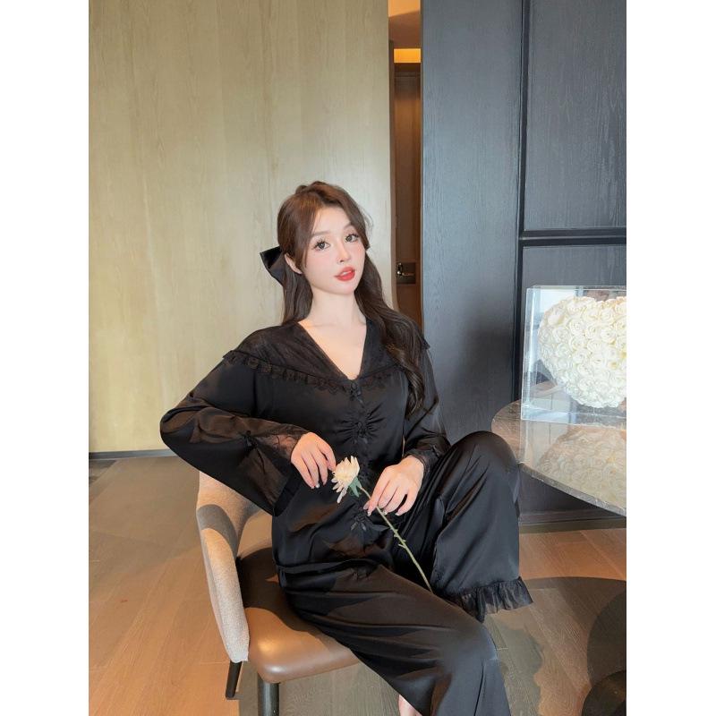 Атласная французская пижама 2025: Женский комплект домашней одежды из ледяного шелка с длинным рукавом и брюками, в милом стиле