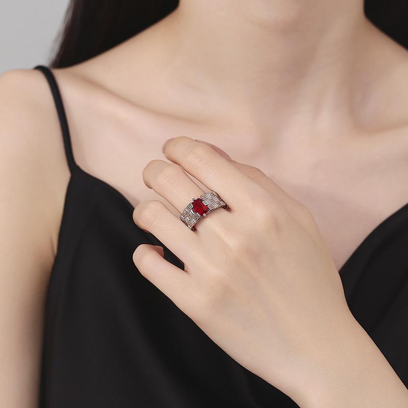 Personalized Style Wide-Faced Woven Ring Women'S Light Luxury Niche Inlaid Rectangular Red Zircon Fashion Adjustable Index Finger Ring