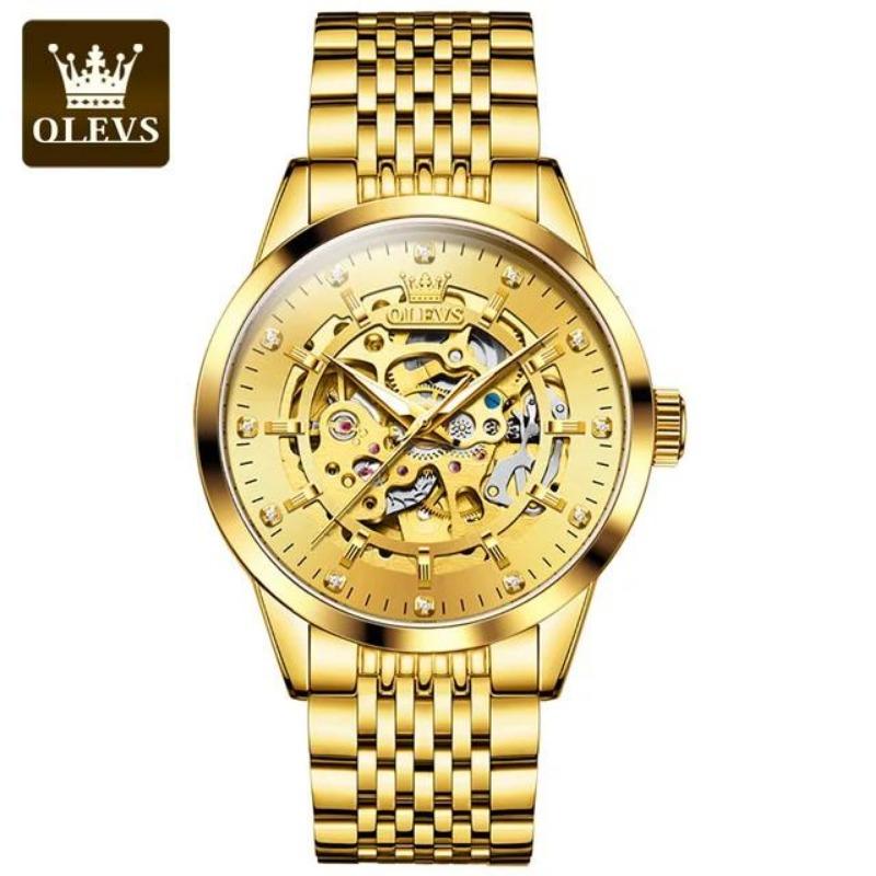 OLEVS Оригинальные мужские часы Golden Skeleton из прочной нержавеющей стали, водонепроницаемые, светящиеся, роскошные автоматические механические часы