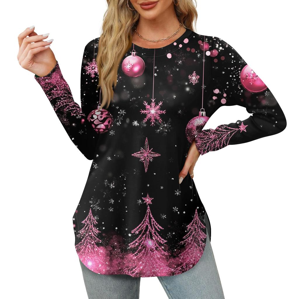 Womens Long Sleeve Round Neck Shirts Side Split Basic Loose Tunic Tops Christmas Print  Casual Shirts