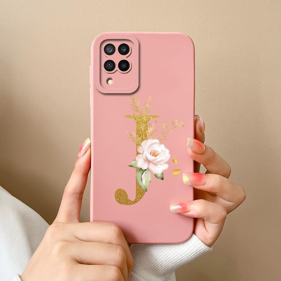 Elegant Case For Samsung M22 M32 4G 5G Rose Letter Phone Shell Lens Protective Cover For Galaxy M32 M22 Liquid Silicone Bumper