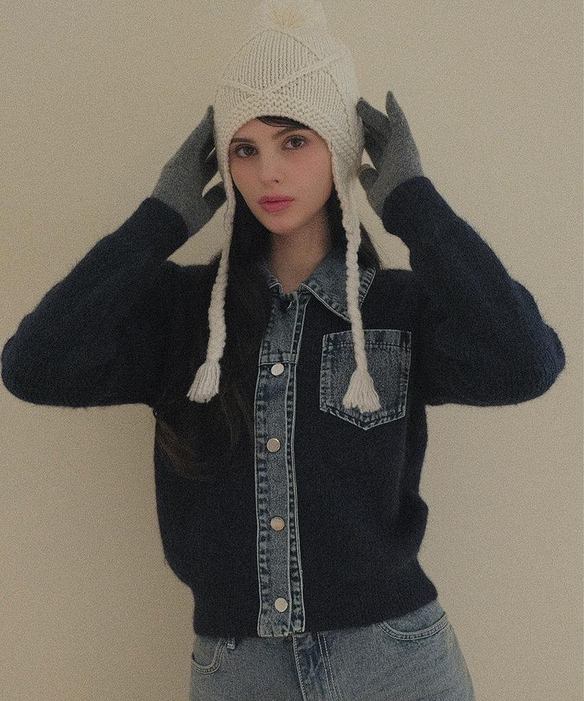 Koolkitten [Ежедневный/Джинсовый воротник] Кардиган из смесовой джинсовой пряжи 3 цвета