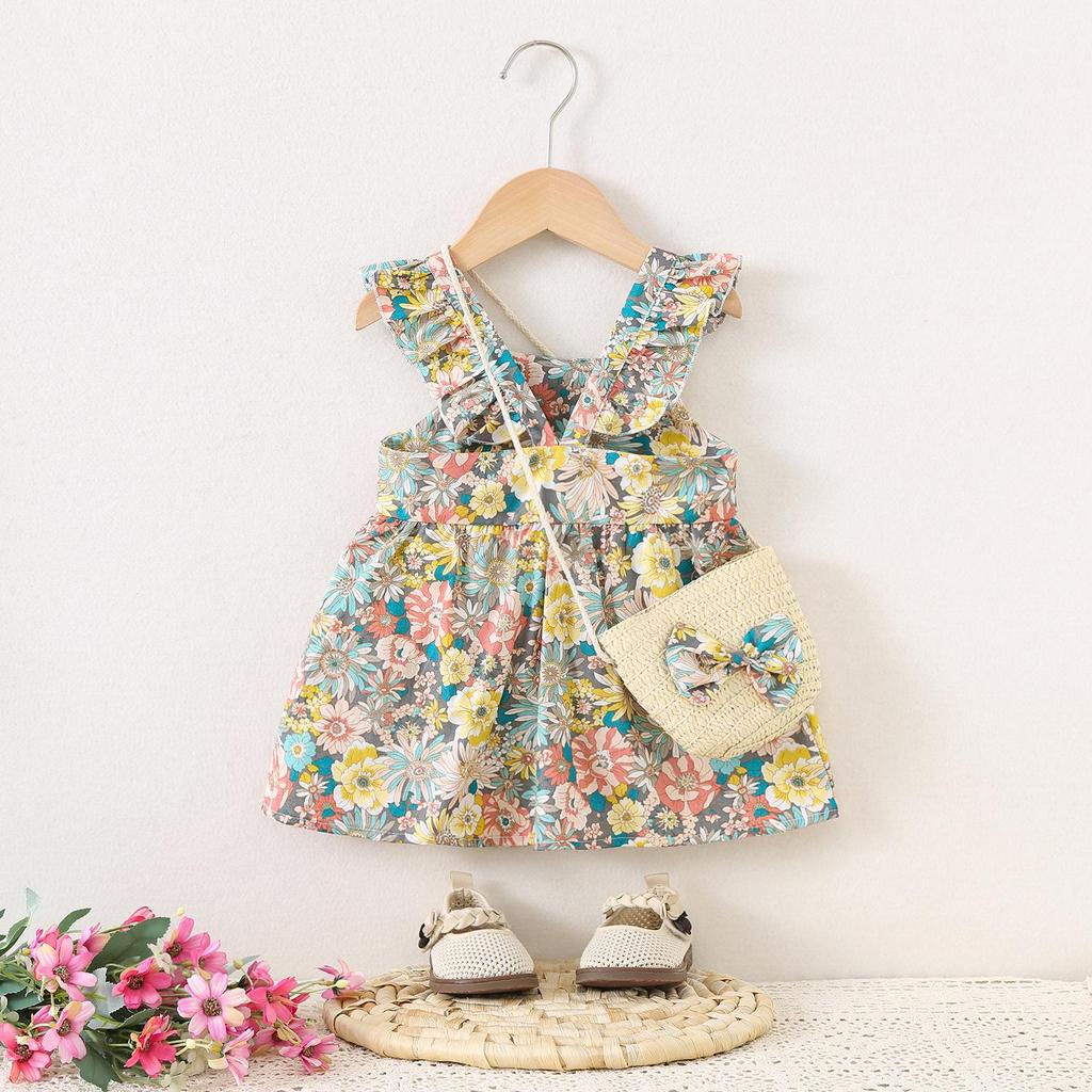 Summer Baby Girl Flutter Sleeve Dress with Bag - Princess Toddler Outfit, All-Over Print.
