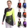 Girls Gymnastics Costume Long Sleeve Sheer Mesh Design Patchwork Sparkling Rhinestones Color Block Leotard