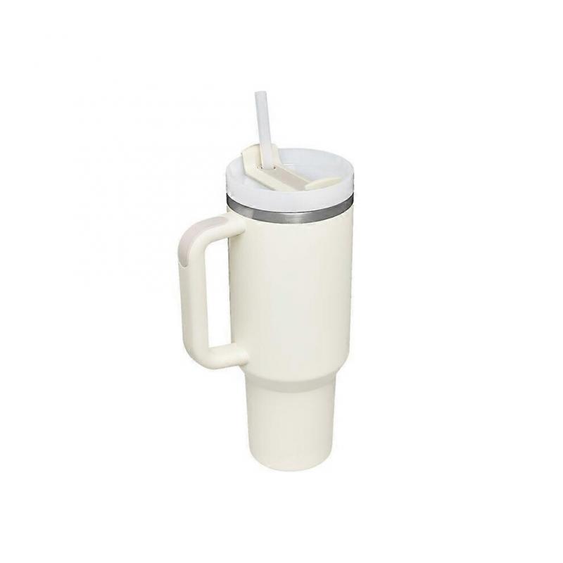 (White)Stainless Steel Water Cup Large Capacity Vacuum Straw Cup Handle Coffee Mug