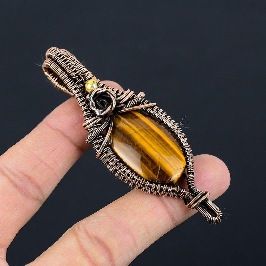 Подвеска Тигровый глаз, Подвеска из драгоценного камня ручной работы, обернутая медной проволокой 999 пробы, Антикварное украшение, Для подарка, Серебряное украшение