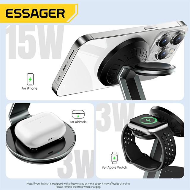 Essager Магнитная подставка для зарядного устройства 3 в 1 для iPhone 15 Pro Max 14 13 Apple Watch Магнитная беспроводная зарядная станция мощностью 15 Вт для AirPods