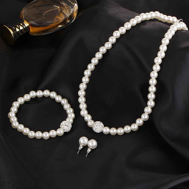 Womens Bride Wedding Set Faux Pearl Necklace Bracelet Earrings