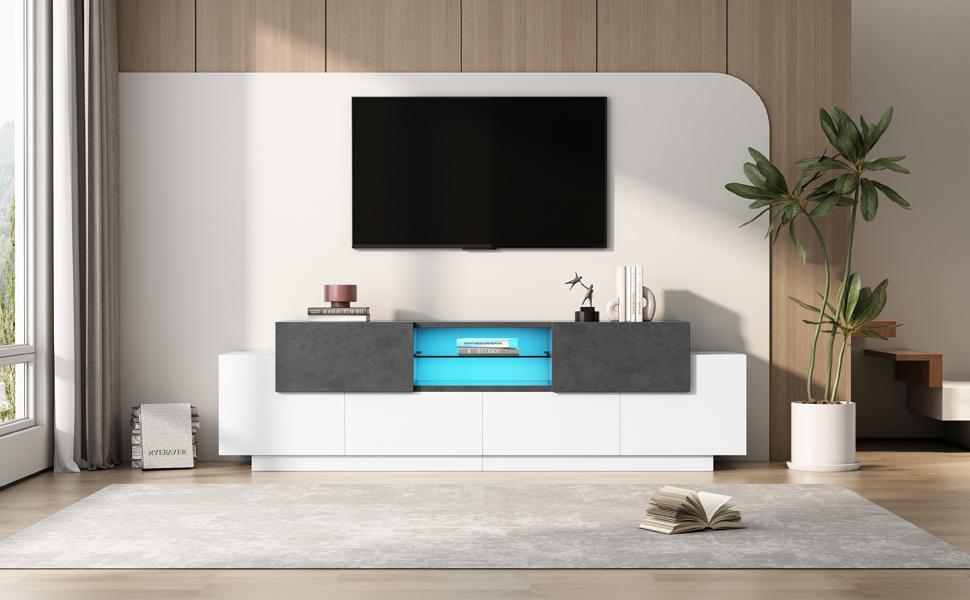 LED TV Cabinet, TV Entertainment Center with Glass Shelves, Gaming Media Cabinet for 80/75/70/65/55 Inch TVs, White+Grey