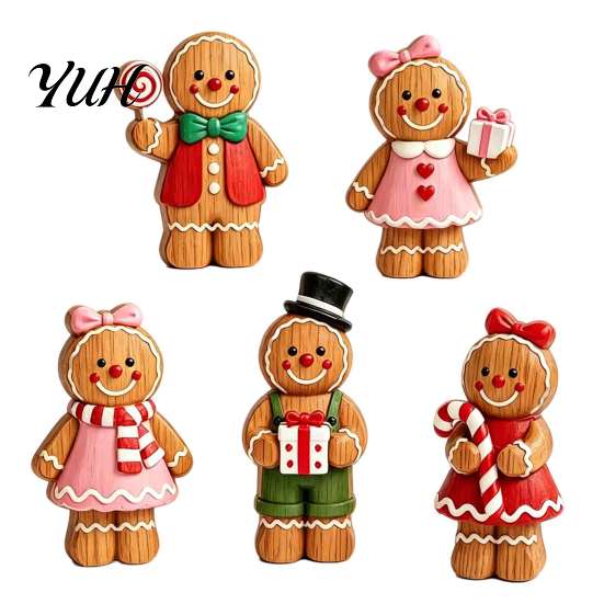 Gingerbread Character Figures Cartoon Wooden Ornament, Double-sided Printed Desktop Tabletop Figurines, Festive Window Display Decorative Craft