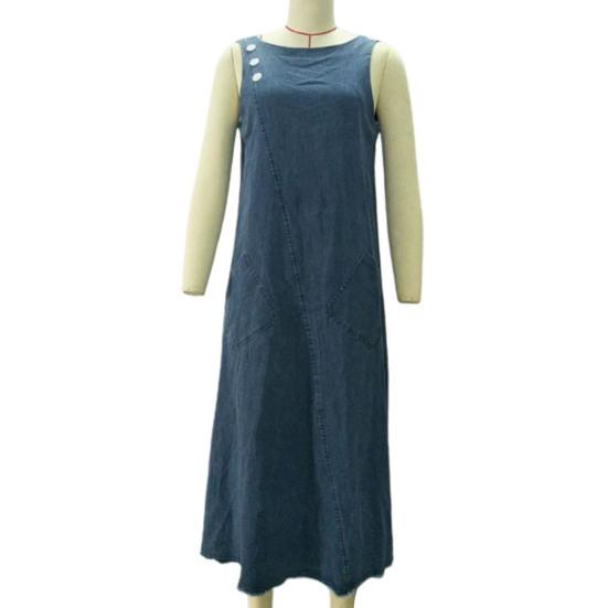 Женское летнее платье-миди из денима, однотонное, с круглым вырезом, без рукавов, с карманами