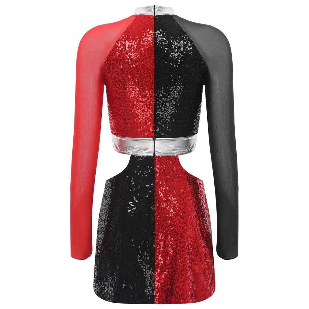 Women‘s 1960s Glitter Sequin Dress Long Sleeve Hollow Out Color Block Mini Sparkle Party Costume for Swinging Night Out