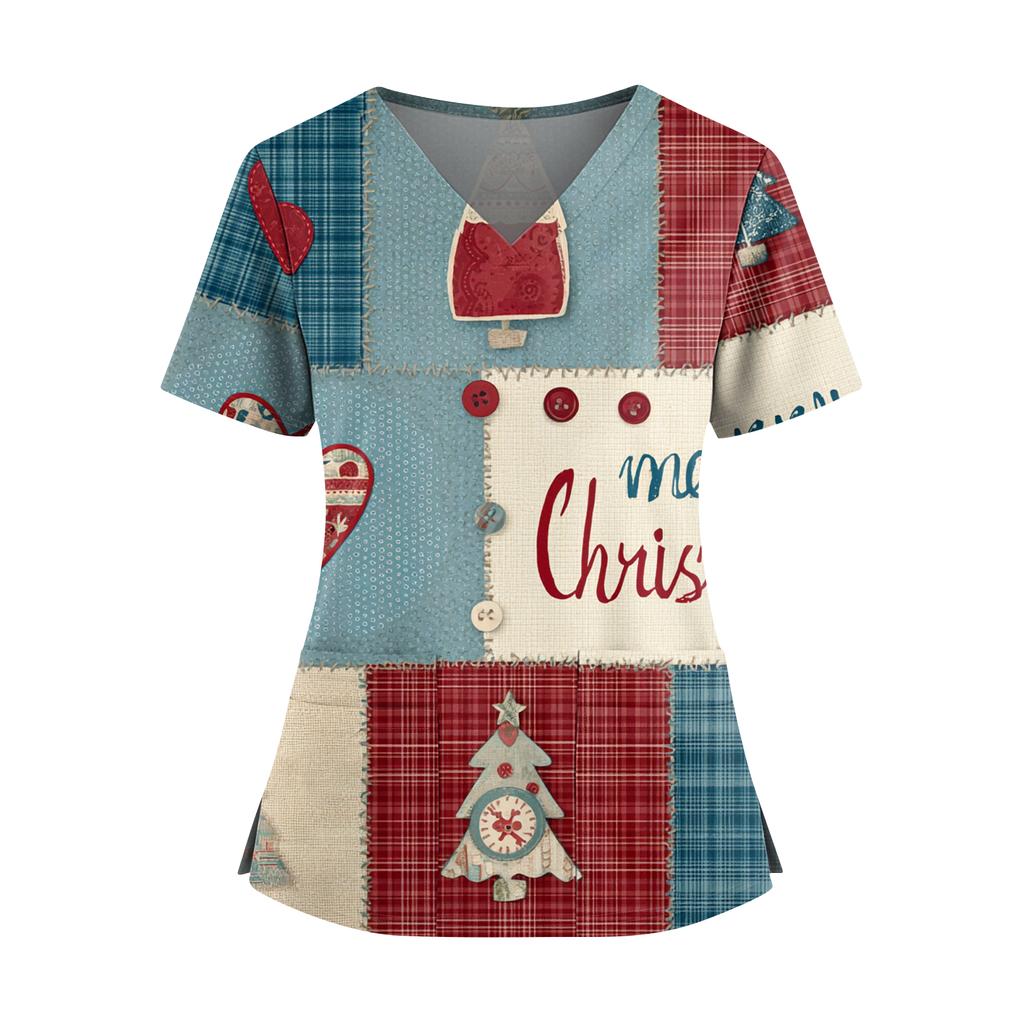 Женский топ с рождественским принтом, V-образным вырезом, двумя карманами, короткими рукавами, разрезом по подолу, униформа и одежда для ухода