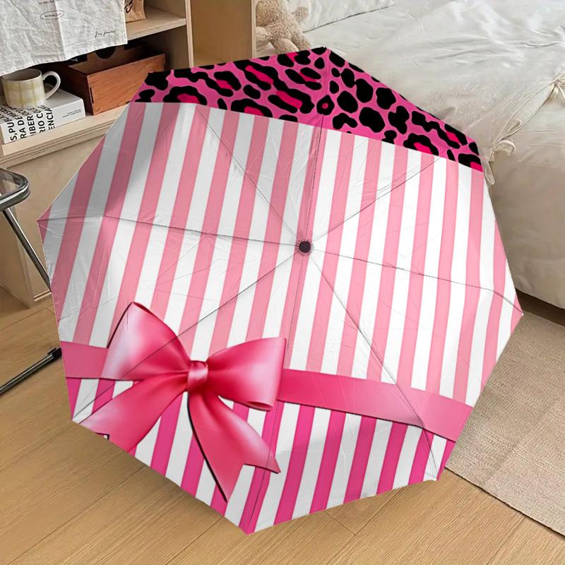 1PC Leopard print, Pink stripes Umbrella-8-Rib Reinforced, Automatic Open, Lightweight & Durable, Cute Fashion Accessory for Outdoor-T199