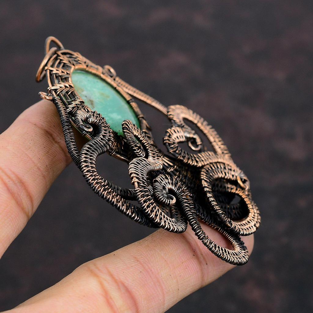 Подвеска из хризопраза, подвеска из медной проволоки, ювелирное изделие ручной работы из хризопраза, подвеска в виде осьминога из драгоценного камня, подарок на годовщину, уникальное ювелирное изделие из меди