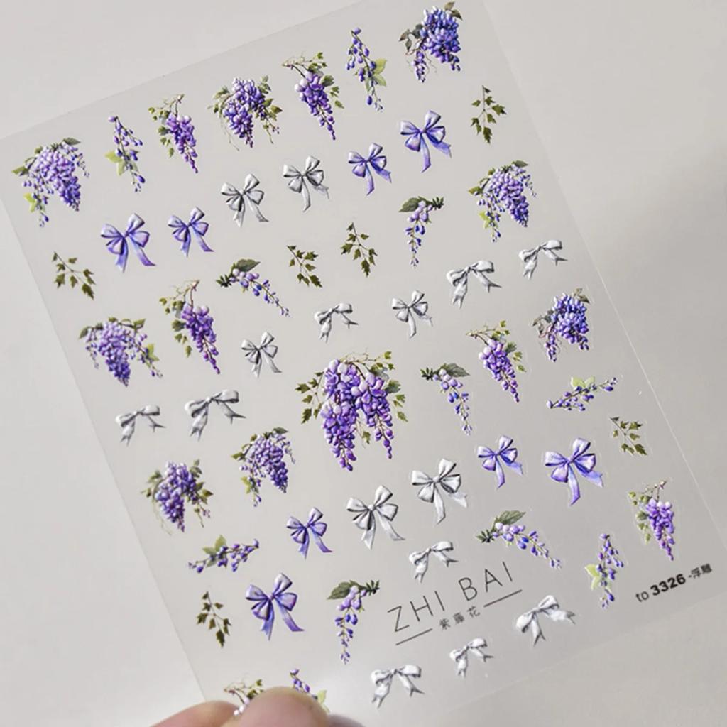 1pcs 5D Exquisite Purple Wisteria Flower Nail Art Stickers Flower Bow Nail Decoration Slider Decal Adhesive Transfer Part