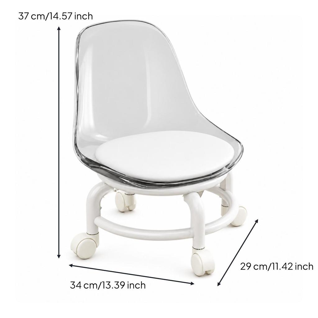 Padded Seat Stool with Caster Wheels | Mobile, Compact Rolling Acrylic Backrest,
