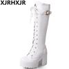 Мода XJRHXJR 2024 Большие размеры 34-43 Сексуальные сапоги на высоком каблуке до колена Женские зимние женские туфли на платформе Добавить меховые зимние сапоги женские