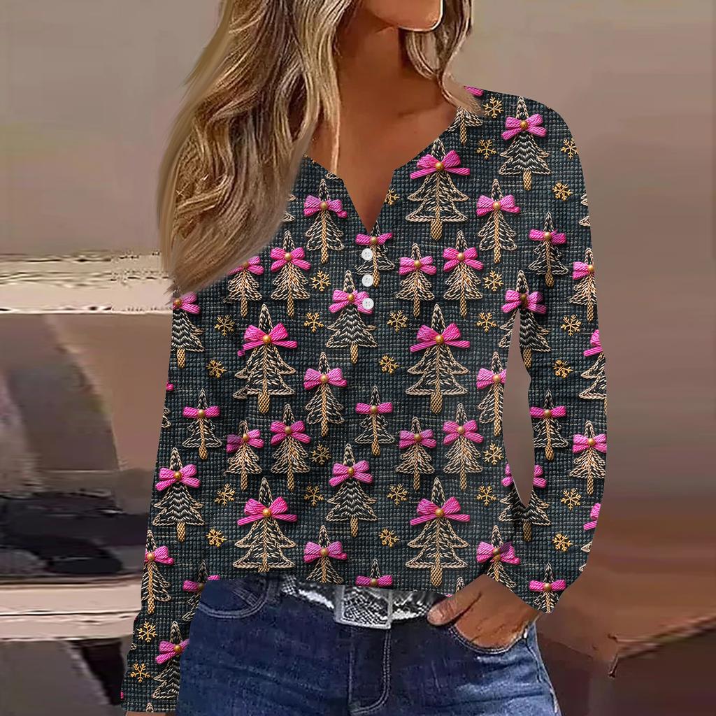 Women's Fashion Casual V-Neck Button-Up Long-Sleeve T-Shirt With Christmas Print Top