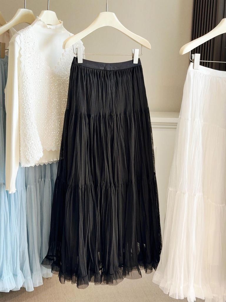 French Style High-Waist Midi Skirt: Spring A-Line Pleated Mesh Swing Skirt for Women