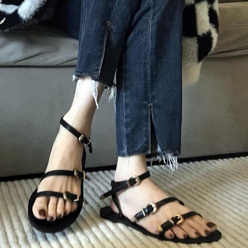 Fashion Fashion Multi Metal Buckle Design Flat Sandals Women Summer Sexy Open Toe Ankle-Wrap Beach Roman Sandals Elegant Dress Shoes