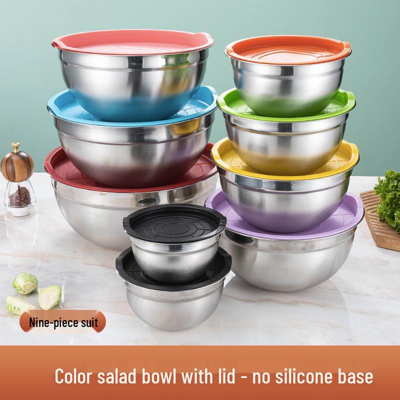 Non-Magnetic Stainless Steel Salad Bowl with Silicone Non-Slip Base and Lid – Perfect for Mixing, Baking, and Dough Kneading