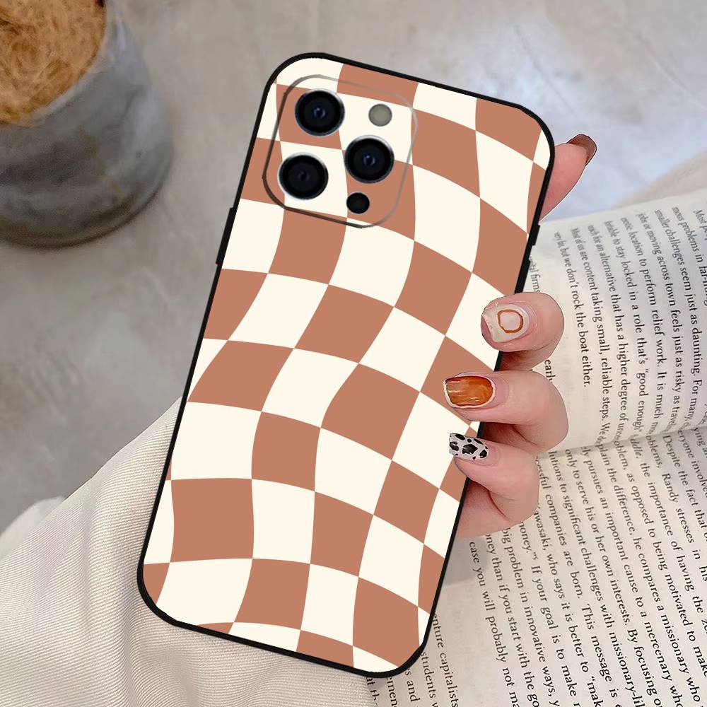 Однотонный клетчатый чехол для телефона для iPhone 17,16,15,14,13,12,11 Plus,Pro Max,XS,Мягкий силиконовый черный чехол