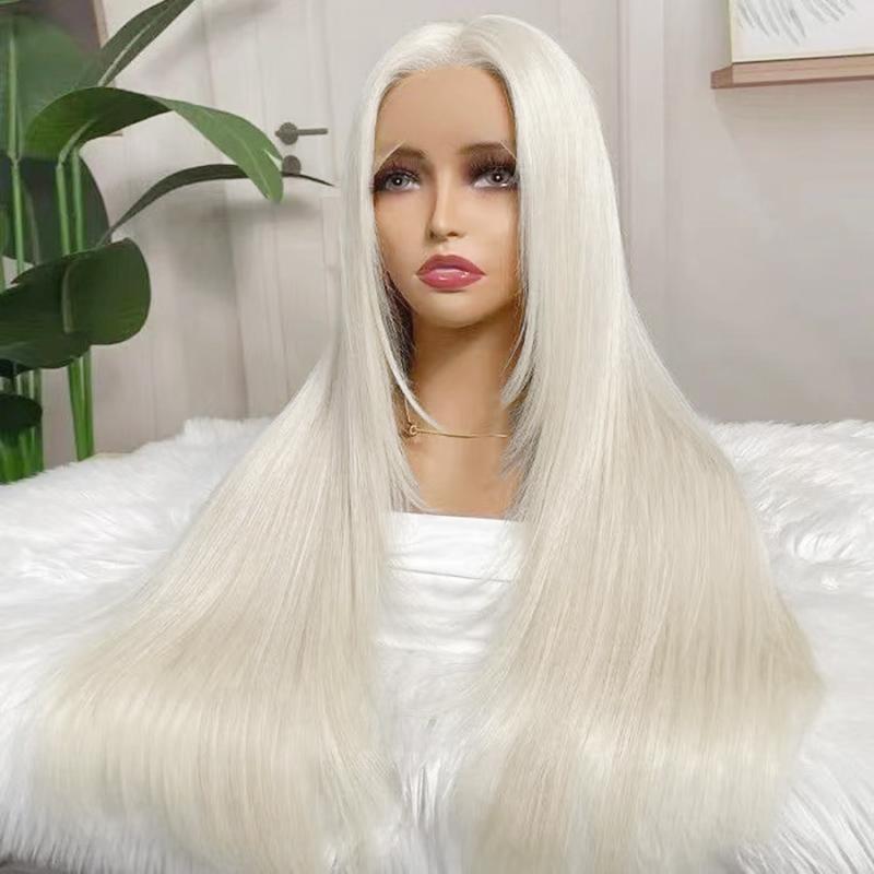 AIMEYA Layered Cut Wig Platinum Blonde Lace Front Wig Long Straight Synthetic Lace Wig Heat Resistant Blonde Wigs for Women