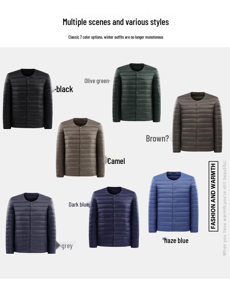 Men's Lightweight Collarless Down Jacket - Autumn/Winter, Plus Size Round Neck White Duck Coat