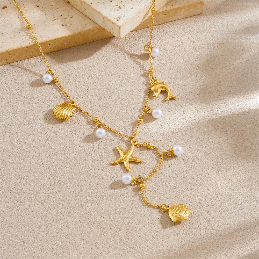 316L Stainless Steel Colored Starfish Pearl Pendant Necklace Women New Y Sweater Summer Beach Neck Chain Vacation Jewelry