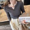 Long Sleeve Knit Top Spring Autumn Women Tight Fit V Neck Sweater Layer Base Layer Slim Fit Shirt