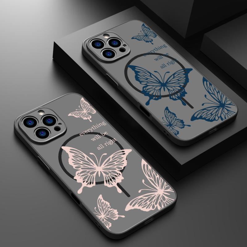 Butterfly Pattern Wireless Charge Magnetic Case For iPhone 16E 16 Pro Max 15 Pro 14 13 for Magsafe Soft Edge Shockproof Matte Clear Phone Cover