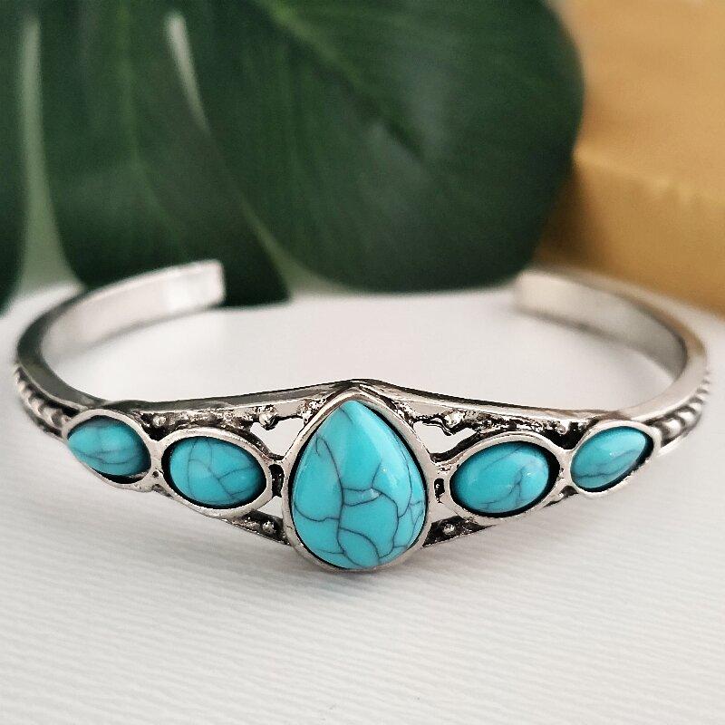 1pcs New Style Personality Retro Turquoise Carved Hollow Geometry Light Luxury Accessories Bracelet Adjustable Opening Bracelet
