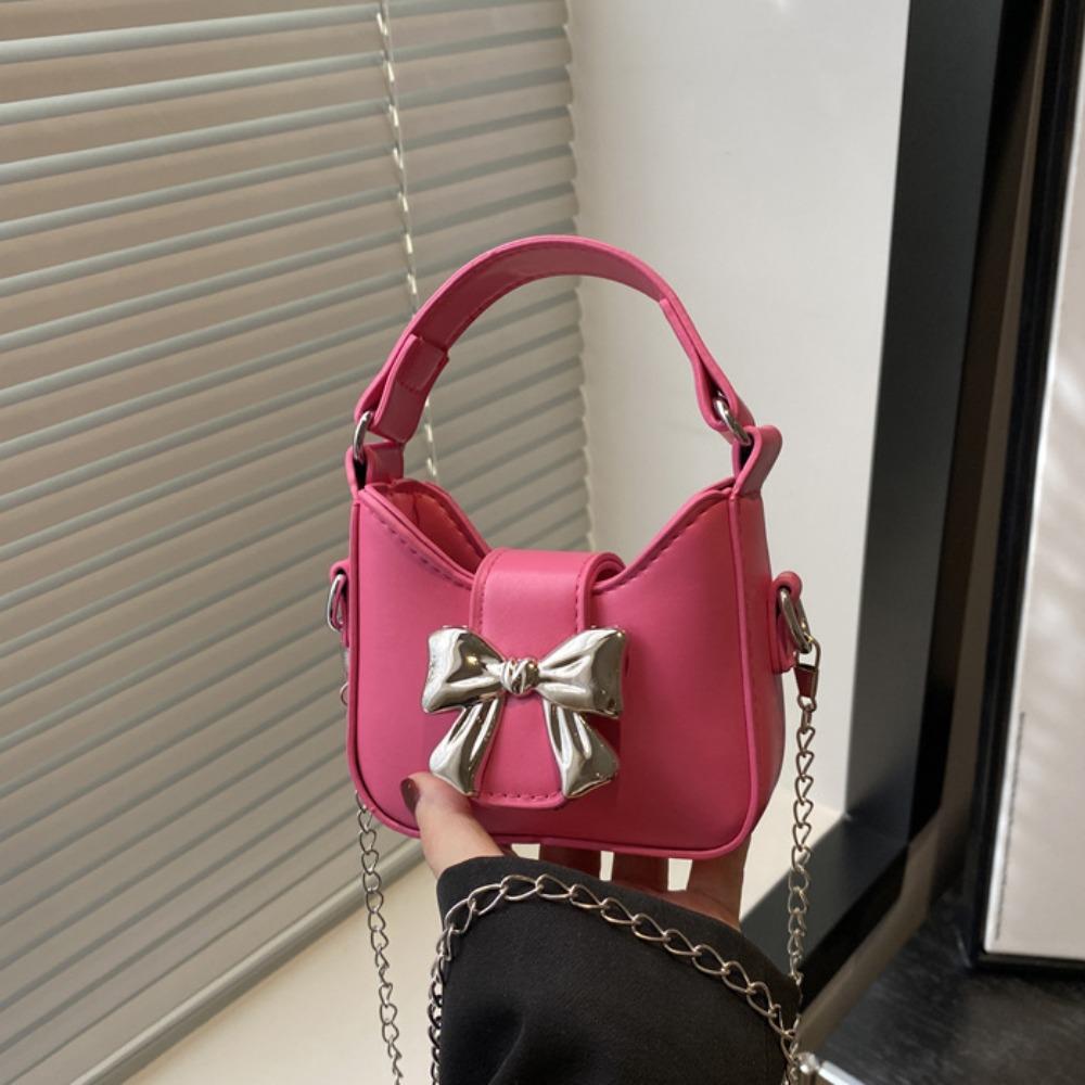 Pu Leather Bow Buckle PU Bag Mini Women's Shoulder Bag Simple Silver Bucket Bag Women