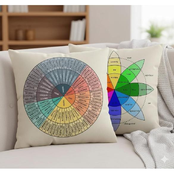 Set of 2 Wheel of Emotions Throw Pillow Covers 18x18, Velvet Feelings Wheel Chart Cushion Cases, Psychology Therapy Office Decor for Counselors,