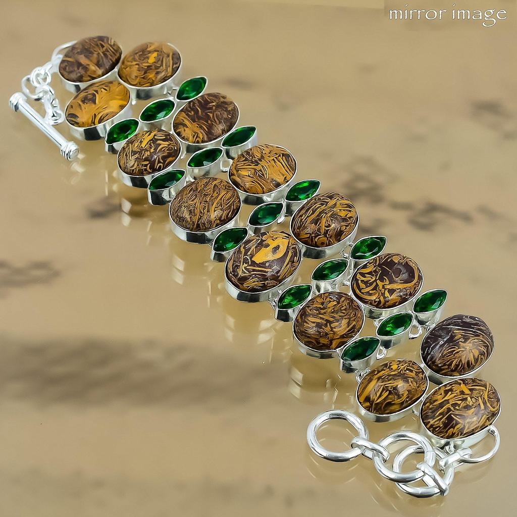 Oval Mariam Jasper Gemstone Chrome Diopside 925 Silver Trendy Chain New Bracelet