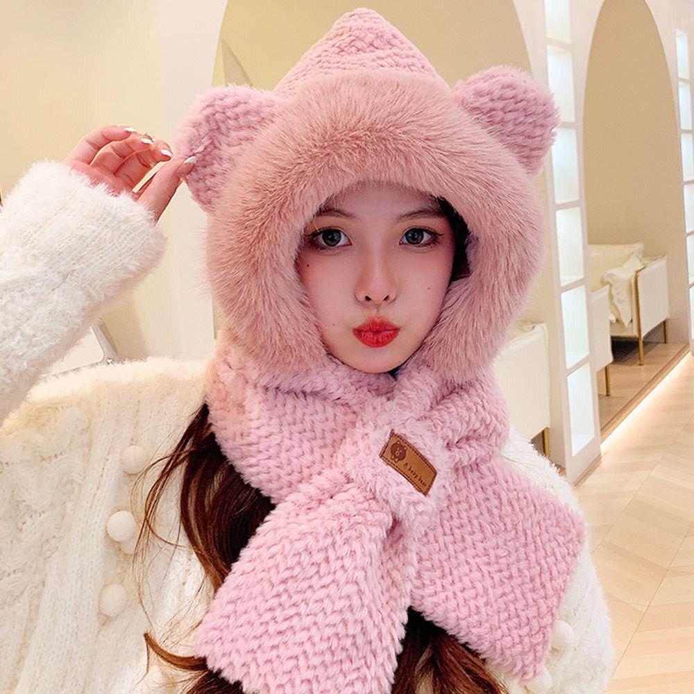 Plush Beanie Hat Scarf Thickening Neck Warmer Winter Ear Protection Cap for Women