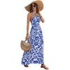 Summer Retro Style Blue & White Porcelain Print Halter Backless Split Dress