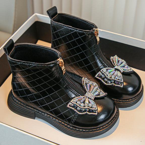 Модные ботинки для девочек с бантом из кристаллов, детские ботильоны из искусственной кожи на молнии, короткие детские ботинки принцессы с мягкой подошвой