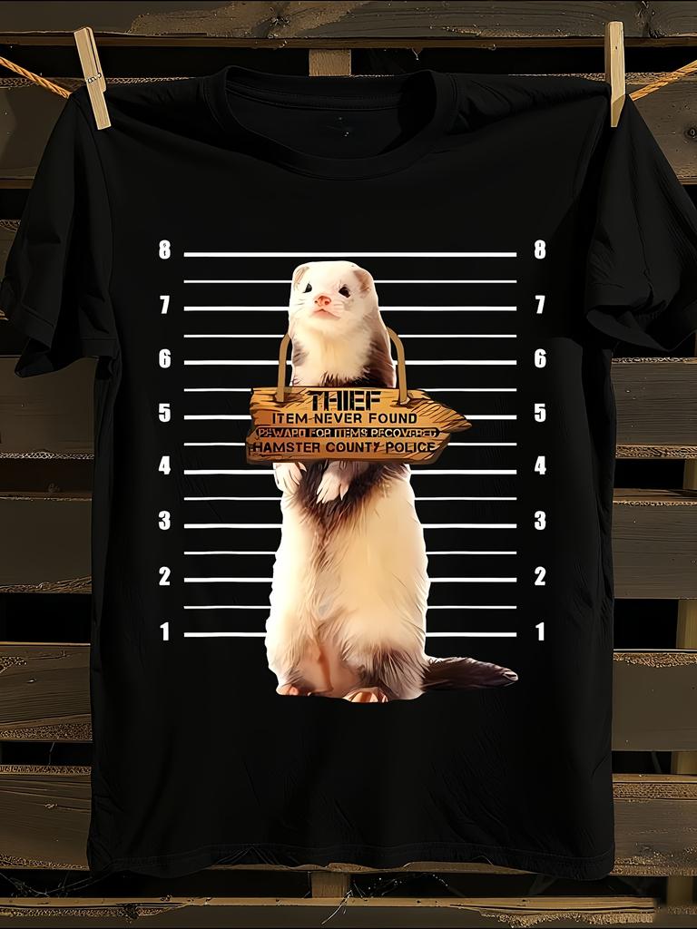 Funny Ferret Thief Mugshot-Style T-Shirt Mens Tshirt Womens Tshirts with Letters Print Short Sleeves T-Shirt Casual Street Tee Shirt Top