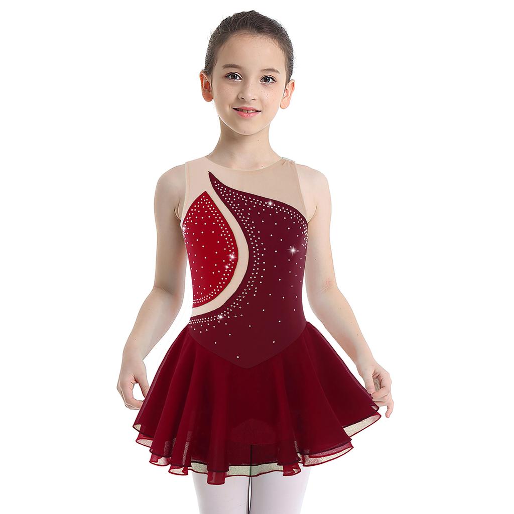 Платье для фигурного катания для девочек, без рукавов, сетка, стразы, блестящее платье для фигурного катания, одежда для танцев