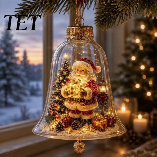 Clear Acrylic Christmas Ornaments 3D Bell Ornament, Winter Scene Decoration with Santa Gift for Family Friends Snowman Reindeer Angel Tree Inside