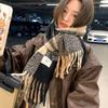 Korean Style Scarf with White Pink and Green Plaid Shawl Warm Neck Scarf for Women Thickened Versatile Color Matching Plaid