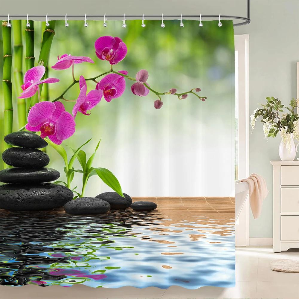 Бамбуковая занавеска для душа с зеленым растением, занавеска для ванной комнаты, водонепроницаемая полиэстеровая занавеска с 3D принтом деревьев, 180*200 см, ширма для ванны с крючками