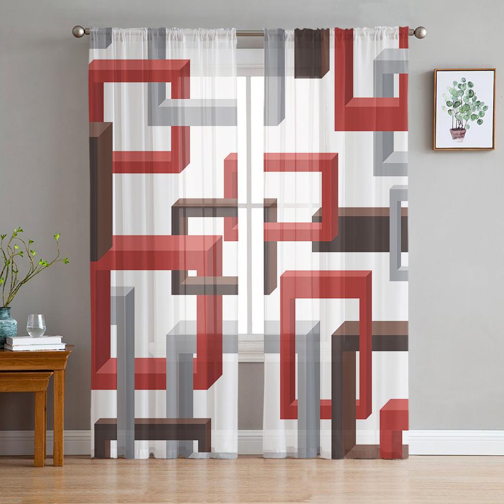 Abstract Geometric Squares Art Black Red Sheer Curtain Living Room Printed Tulle Window Curtain Luxury Home Balcony Decor Drapes