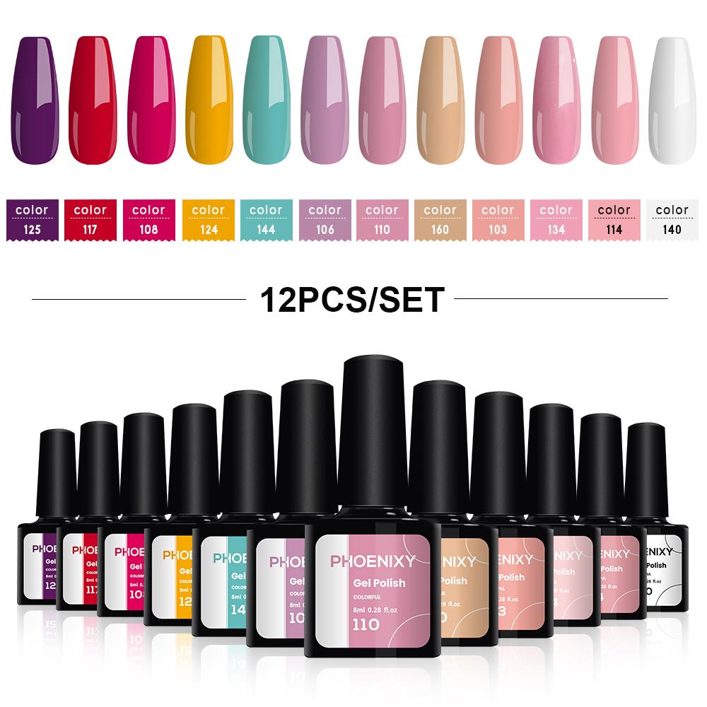 PHOENIXY, 8 мл, 12 цветов, гель-лак для ногтей, гель для ногтей, полуперманентный твердый гель для ногтей, замачиваемый УФ-гель, нужна база, верхнее покрытие, дизайн ногтей «сделай сам»