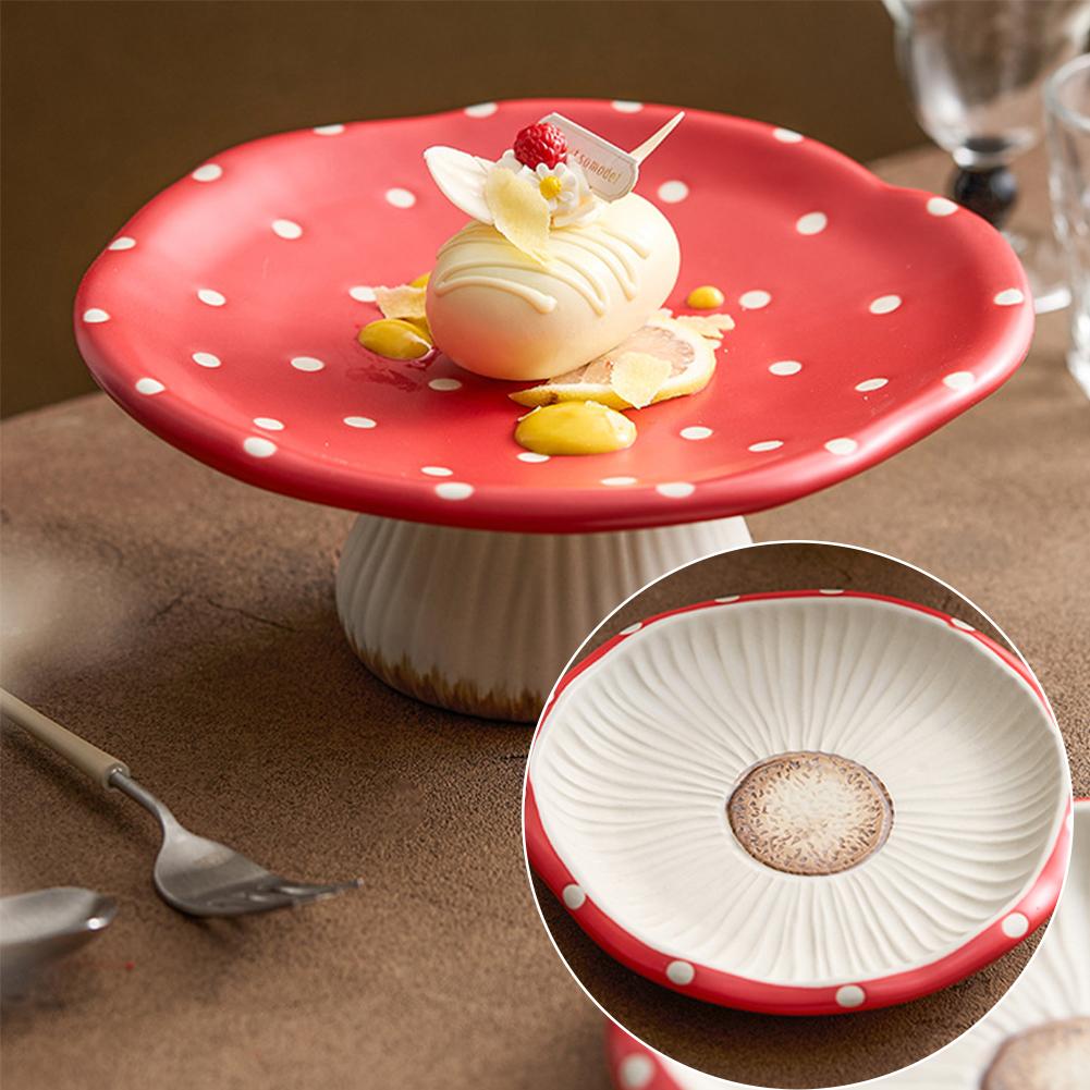 Керамическая тарелка с красным грибом, новая миска для столовых приборов, высокая тарелка в западном стиле, поднос для чая и десертов, декоративная домашняя еда, послеобеденный стол U7L5